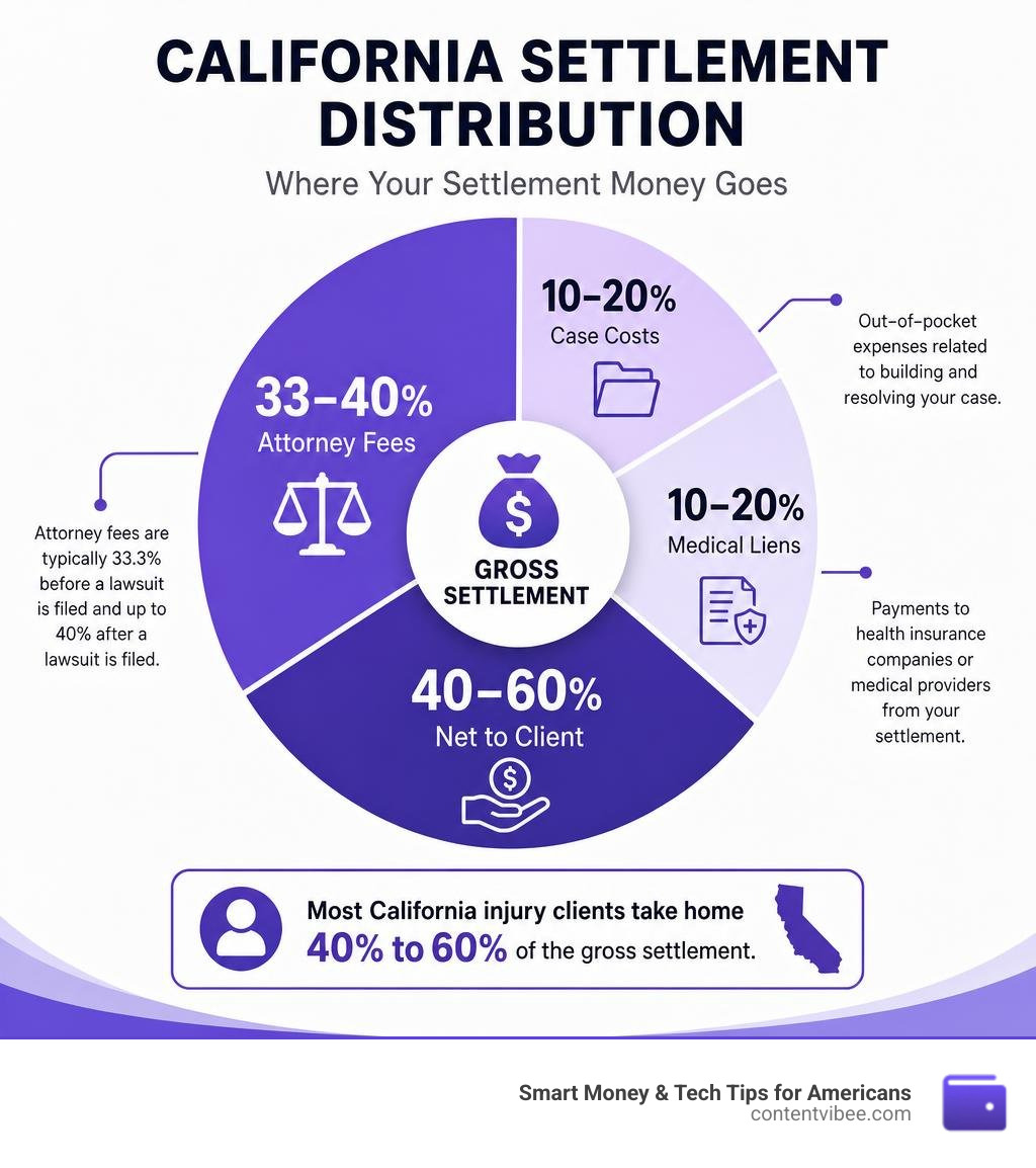 Infographic showing California settlement distribution: gross settlement split into attorney fees 33-40%, case costs Infographic showing California settlement distribution: gross settlement split into attorney fees 33-40%, case costs