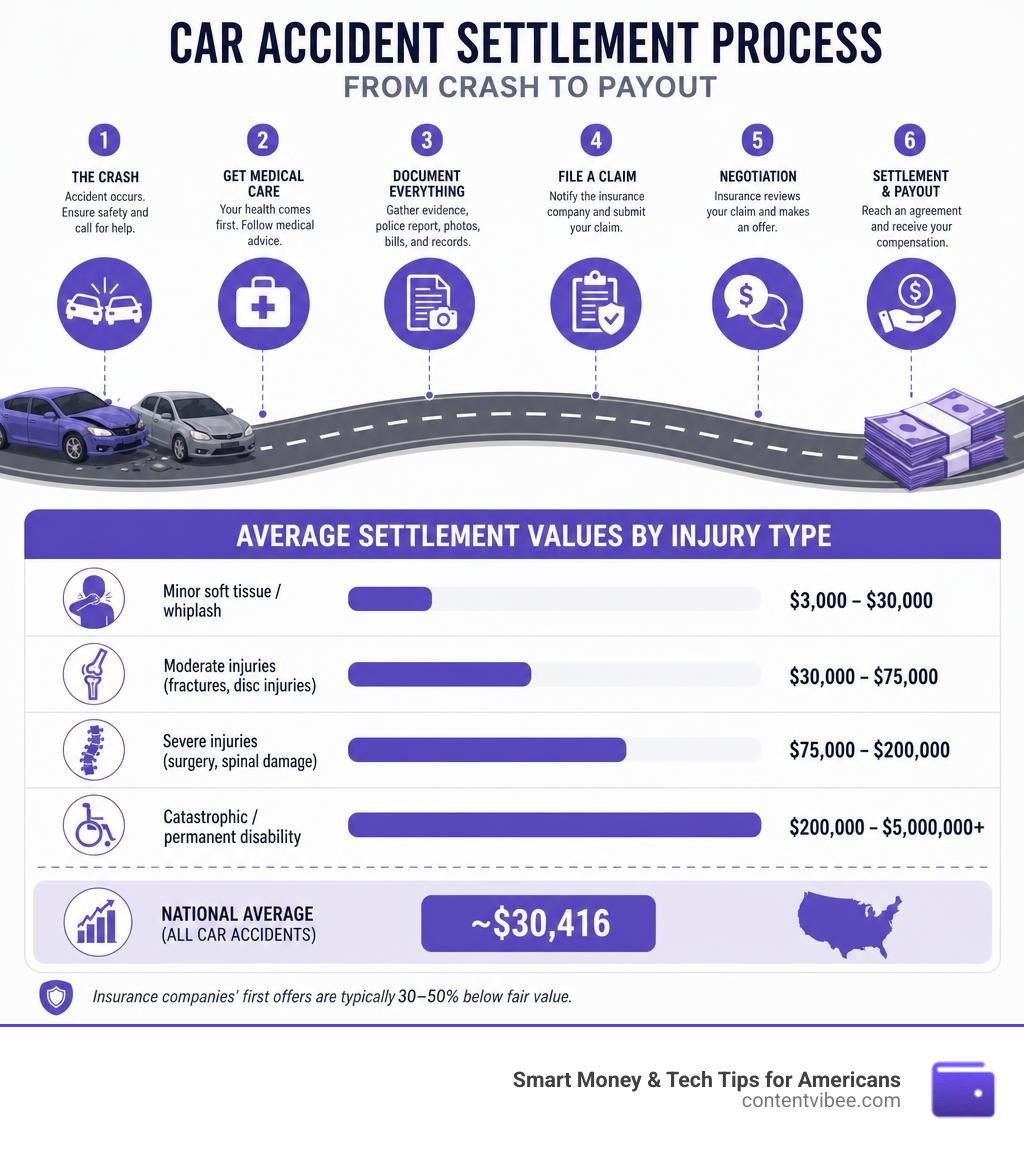 infographic showing car accident settlement process from crash to payout with average values by injury type infographic