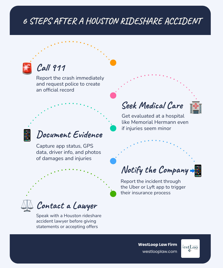 Infographic showing 6 steps after a Houston rideshare accident and insurance tier overview infographic Infographic showing 6 steps after a Houston rideshare accident and insurance tier overview infographic