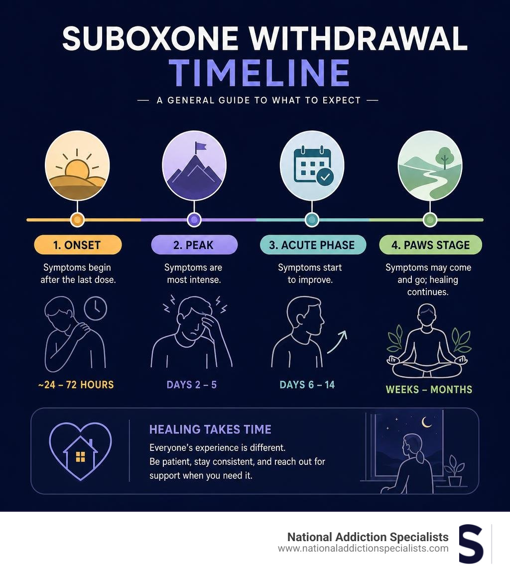 Suboxone withdrawal timeline infographic showing onset, peak, acute phase, and PAWS stages infographic Suboxone withdrawal timeline infographic showing onset, peak, acute phase, and PAWS stages infographic