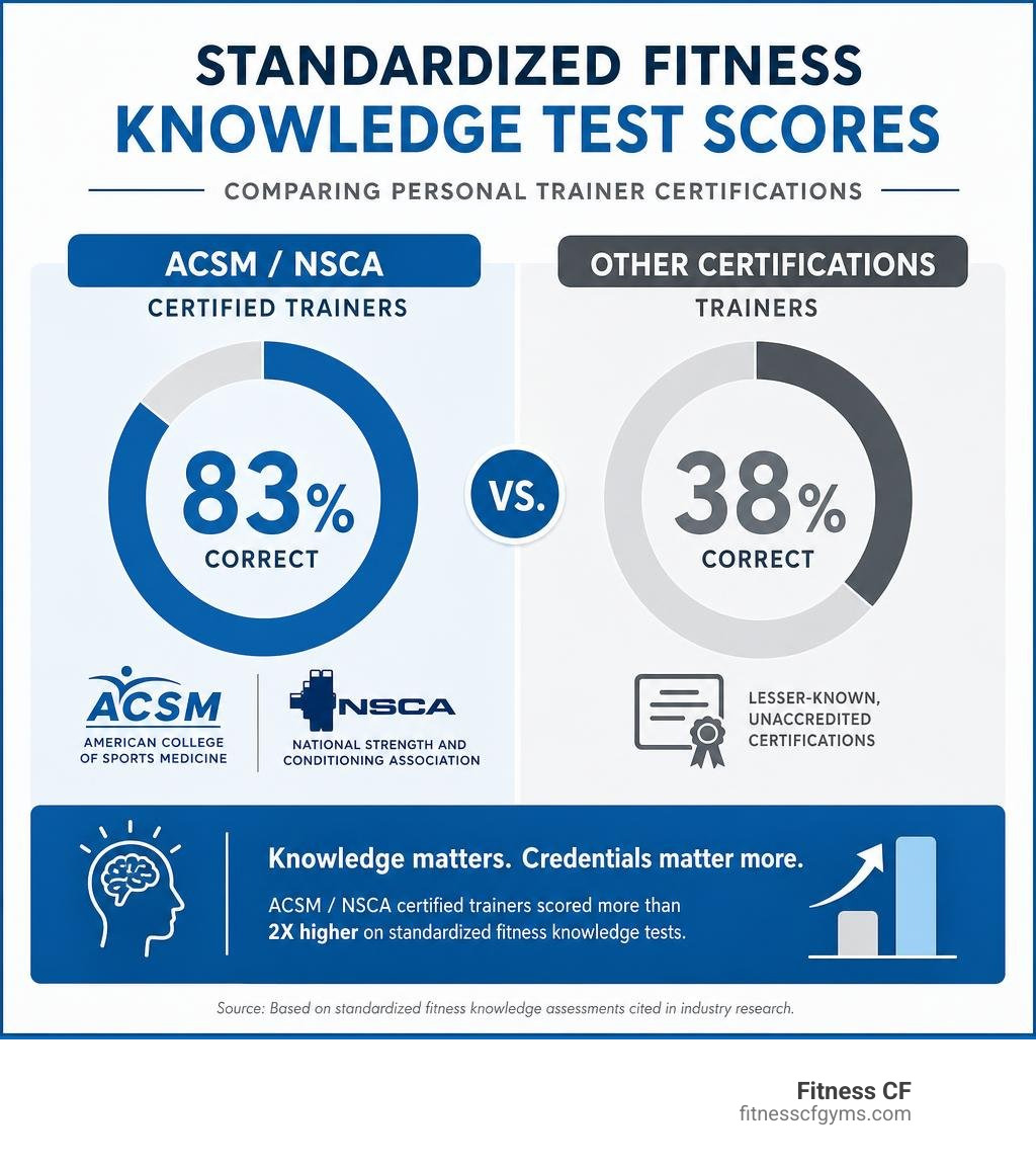 Standardized fitness knowledge test scores comparing ACSM/NSCA certified trainers to other certifications infographic