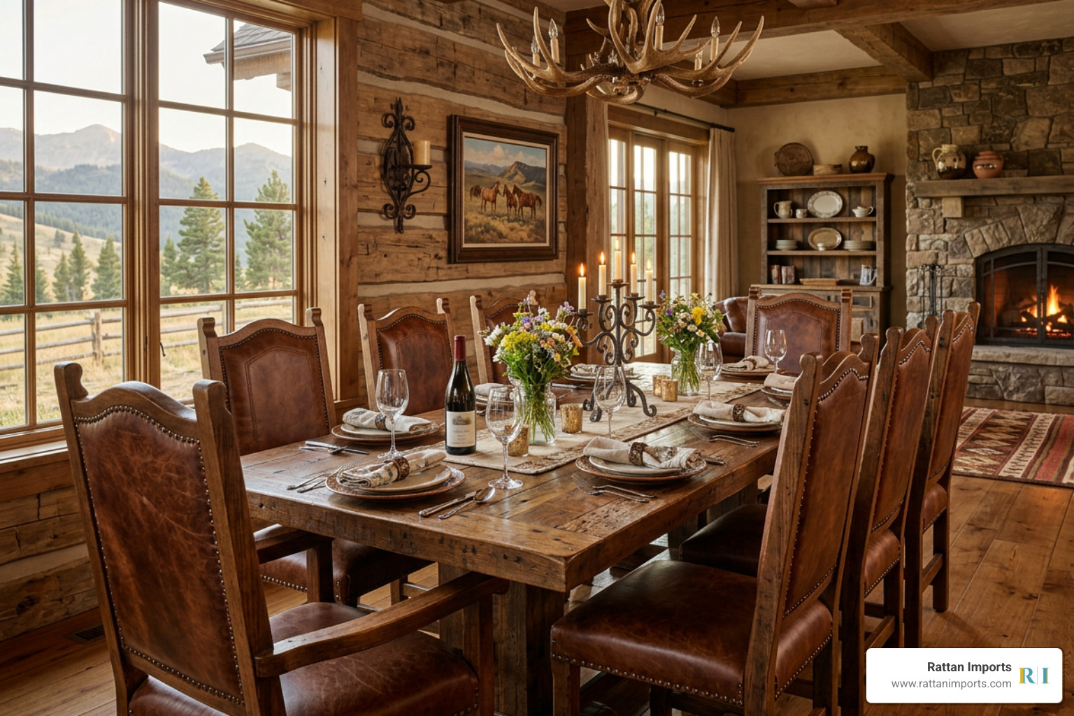 Rustic western dining room featuring rich leather chairs with solid wood frames Rustic western dining room featuring rich leather chairs with solid wood frames