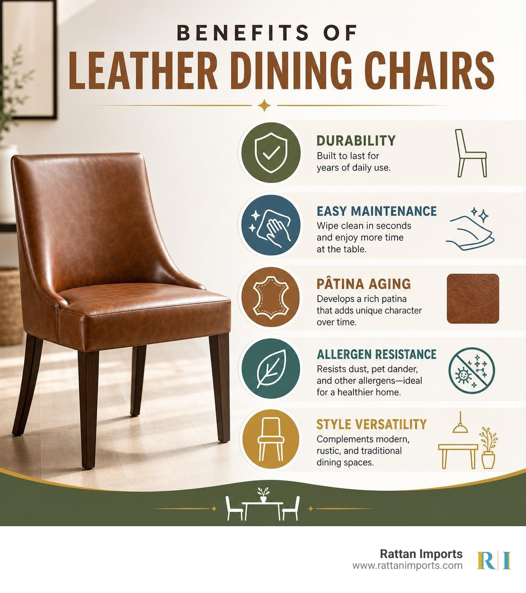 Benefits of leather dining chairs infographic showing durability, easy maintenance, patina aging, and allergen resistance Benefits of leather dining chairs infographic showing durability, easy maintenance, patina aging, and allergen resistance