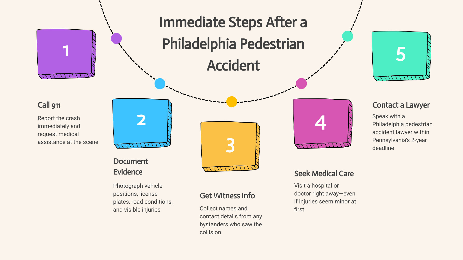 Infographic showing immediate steps after a Philadelphia pedestrian accident: call 911, document the scene, get witness Infographic showing immediate steps after a Philadelphia pedestrian accident: call 911, document the scene, get witness