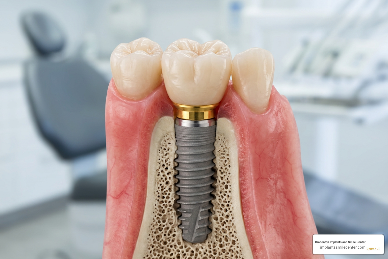dental implant structure showing implant post, abutment, and crown