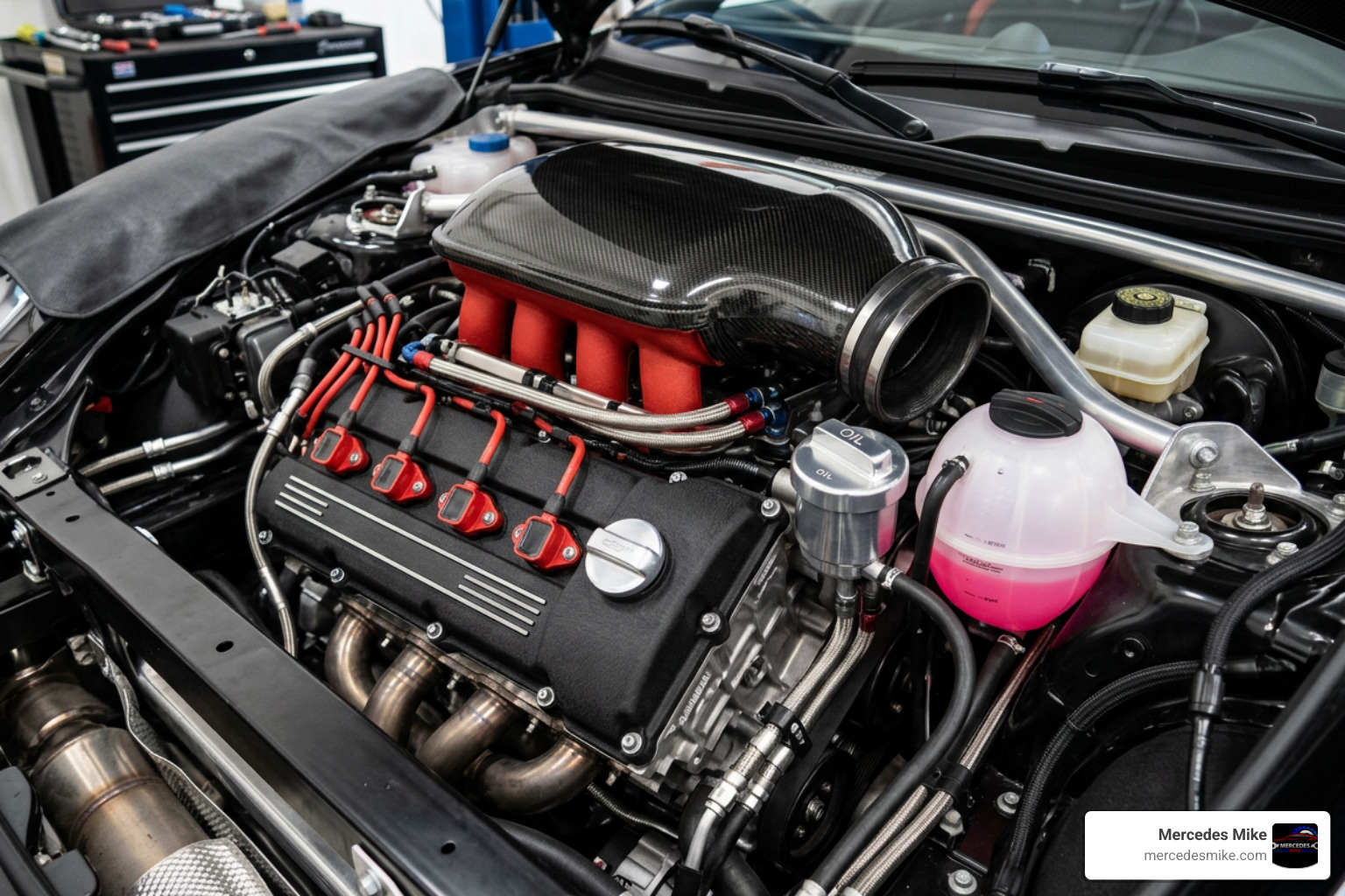 Porsche engine bay with clean fluids and high-performance components Porsche engine bay with clean fluids and high-performance components