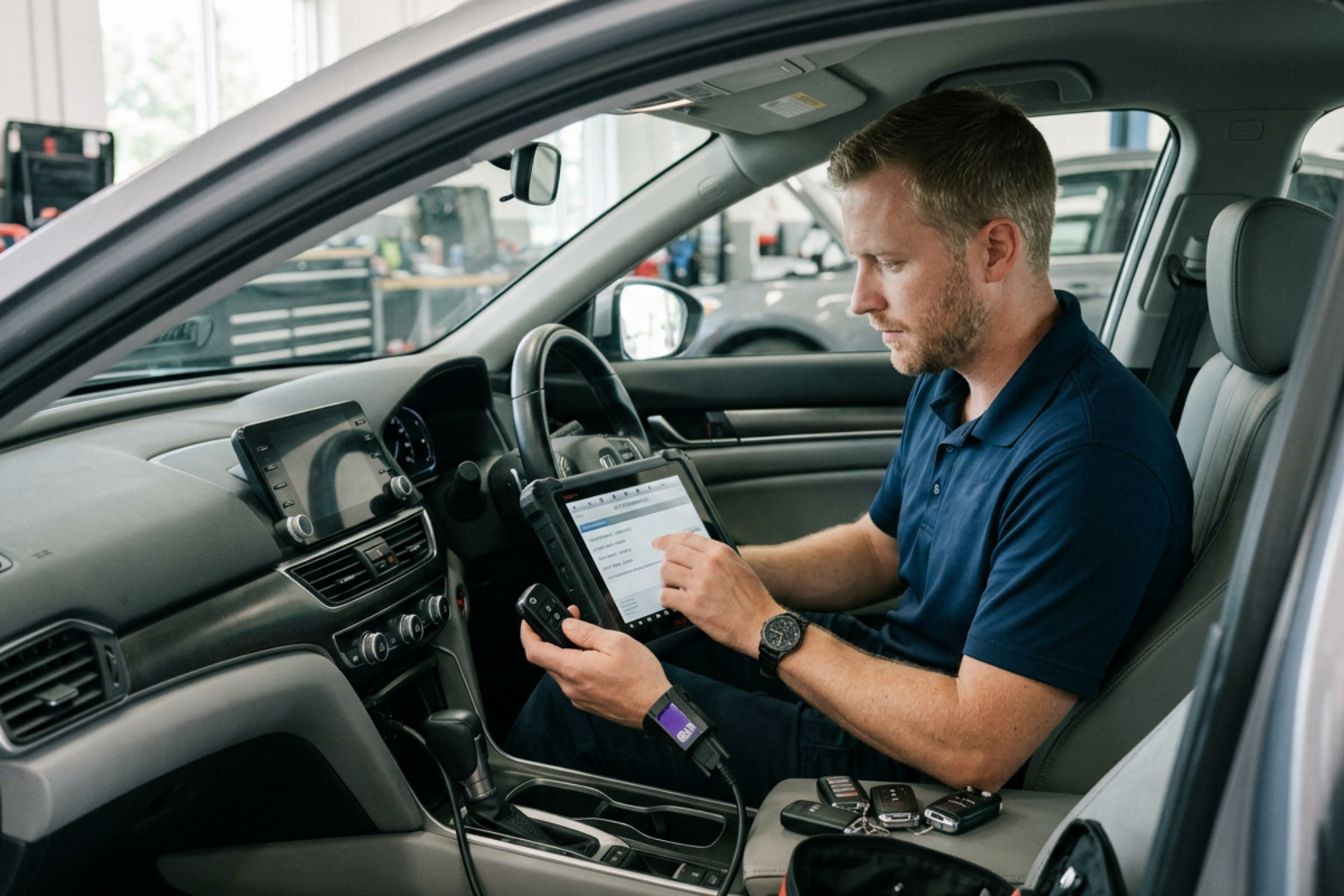 Locksmith programming a modern car key fob with advanced diagnostic tools