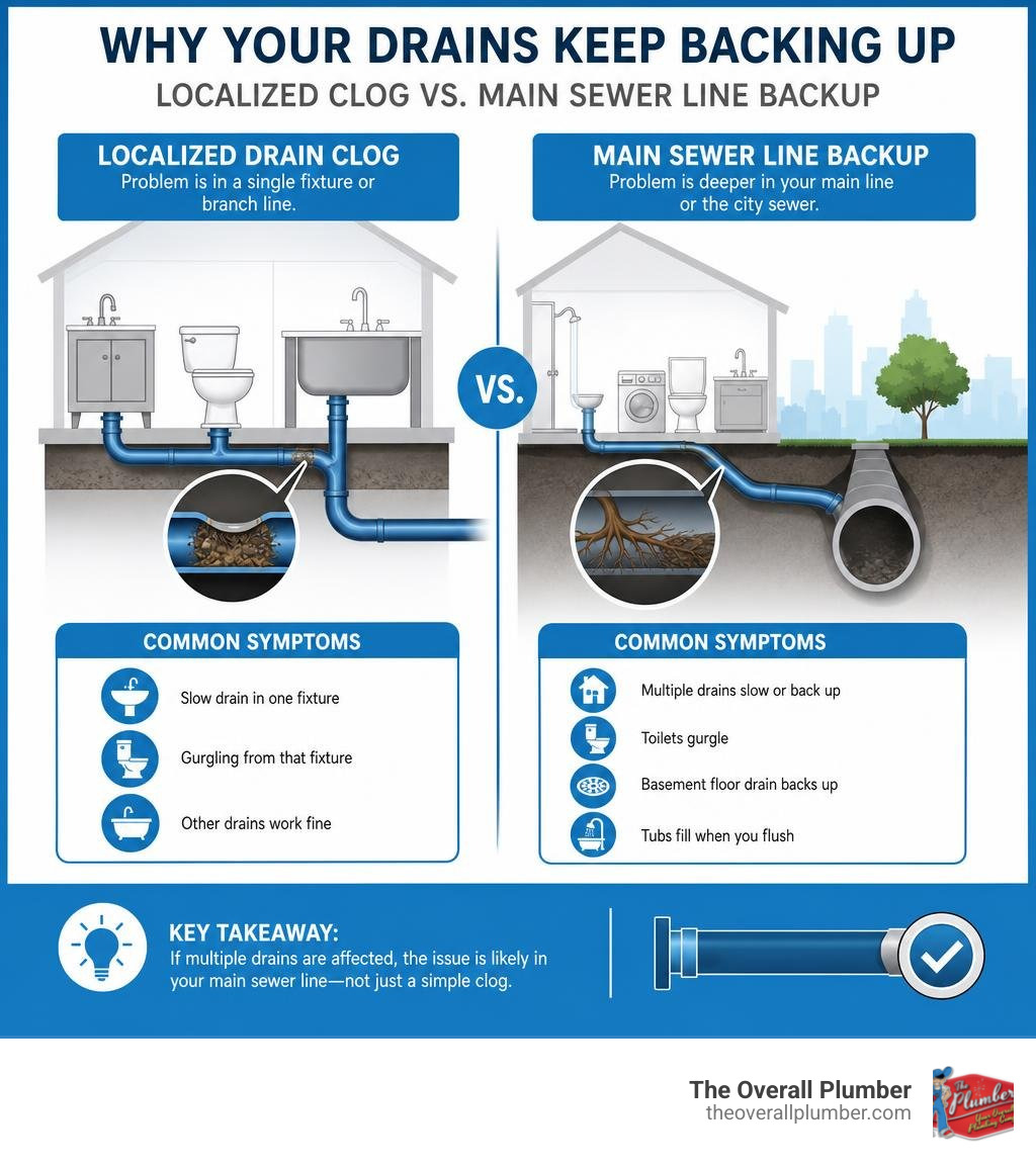 infographic showing localized drain clog vs main sewer line backup causes and symptoms infographic infographic showing localized drain clog vs main sewer line backup causes and symptoms infographic