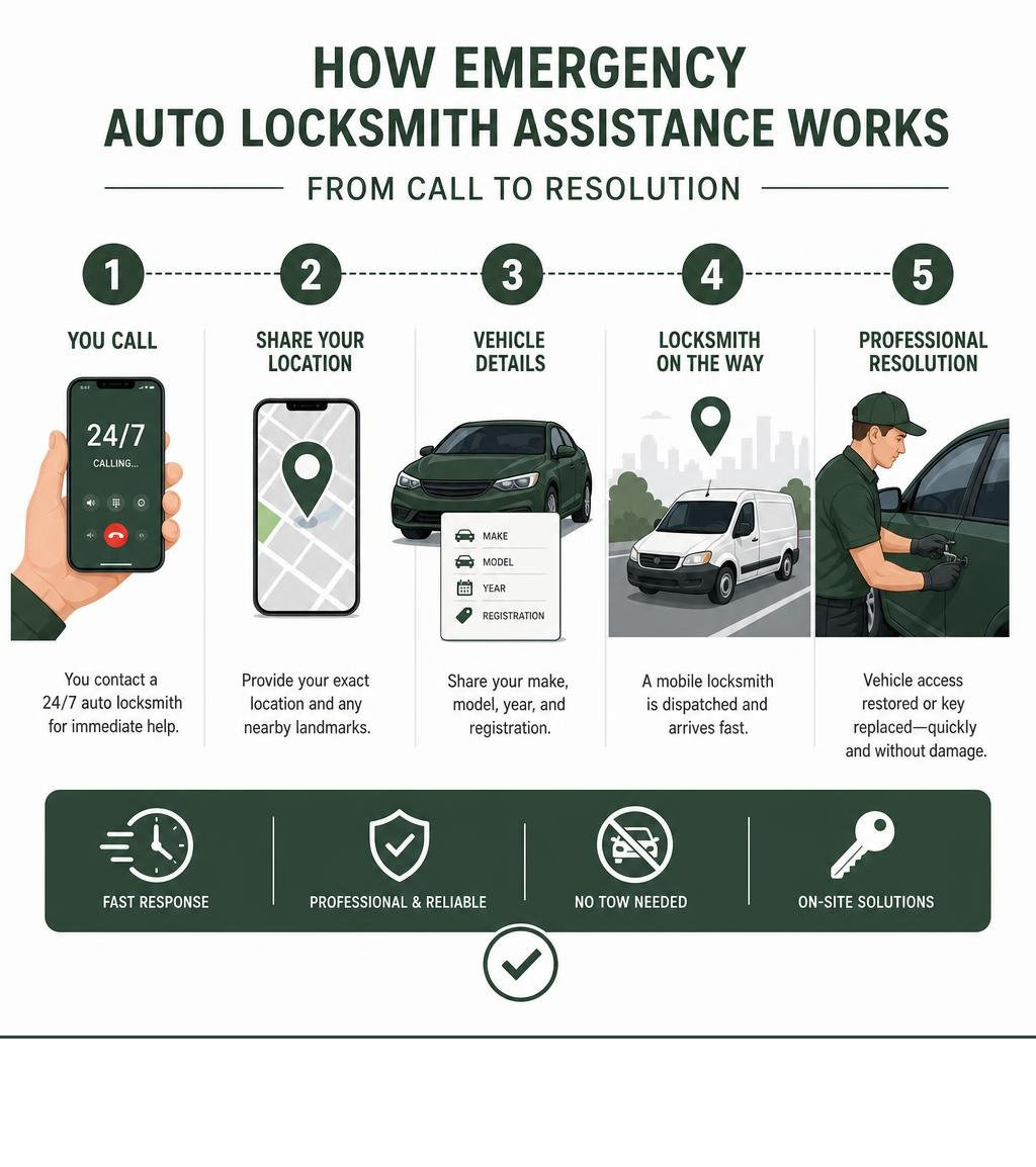 Step-by-step infographic: how emergency auto locksmith assistance works from call to resolution infographic