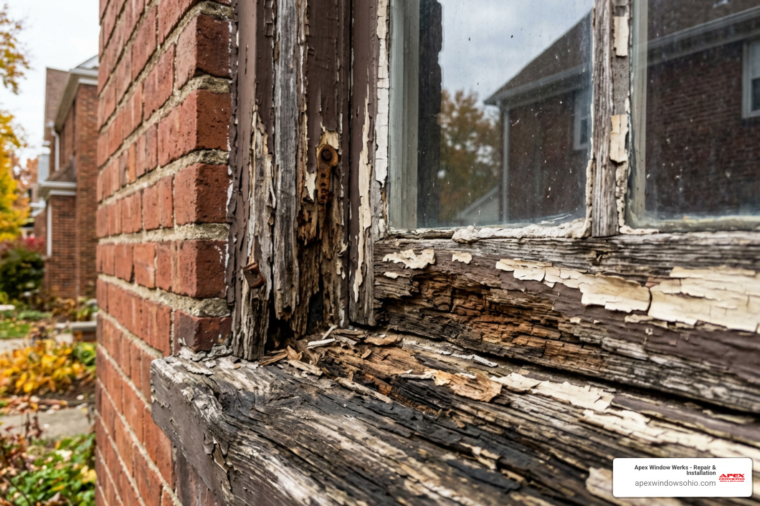 damaged window frame showing signs of wear and wood rot on a Cleveland home exterior