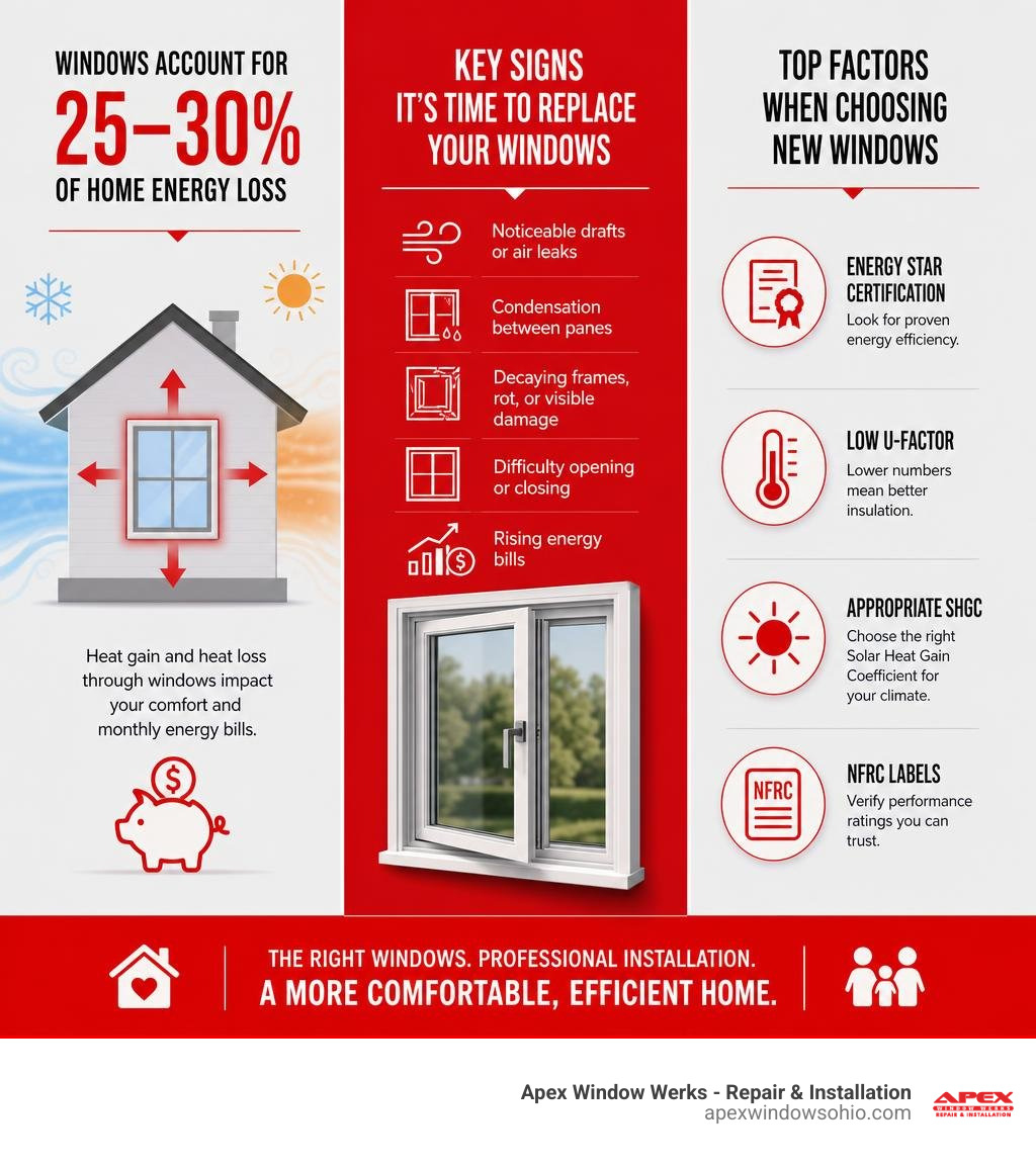 Infographic showing 25-30% of home energy loss through windows, key replacement signs, and top selection factors infographic