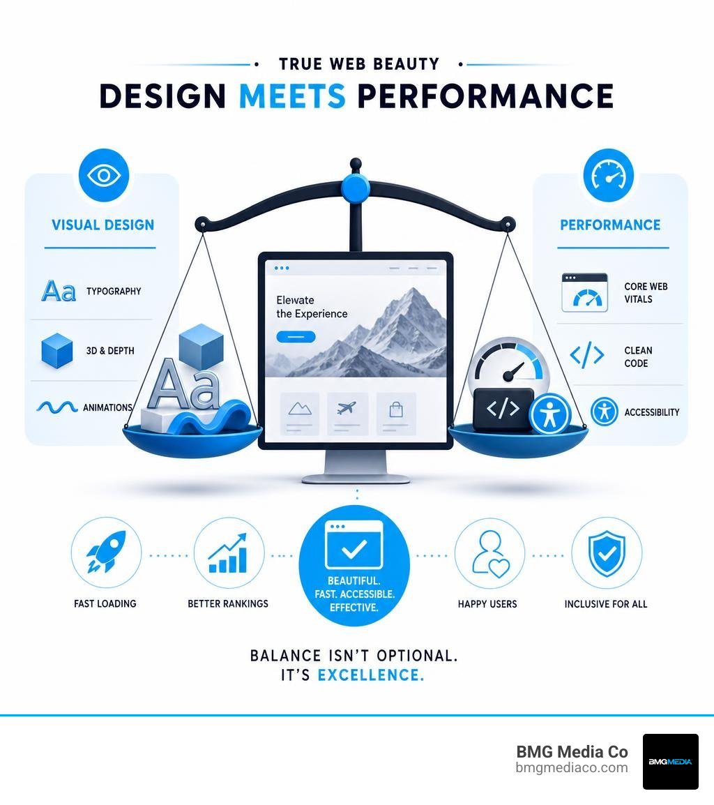 Infographic detailing the balance between visual design (typography, 3D, animations) and performance (Core Web Vitals, clean
