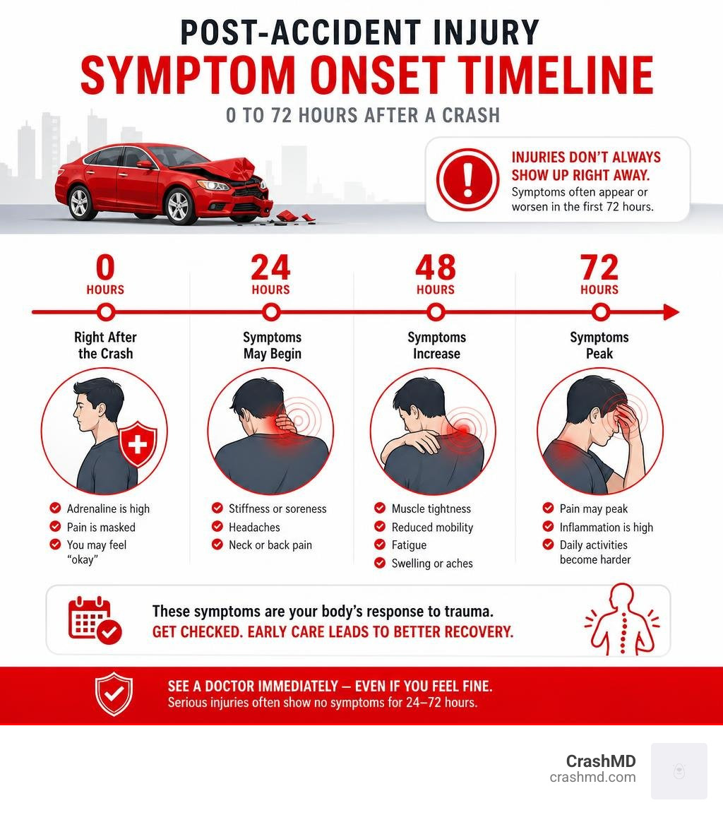 Timeline infographic showing post-accident injury symptom onset from 0 to 72 hours after a crash infographic