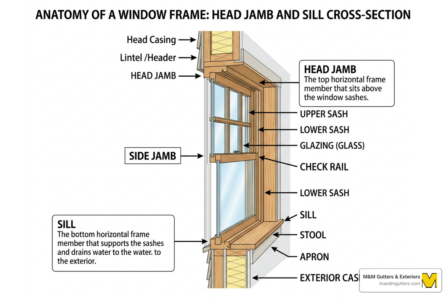 Diagram of window frame anatomy showing head jambs and sill