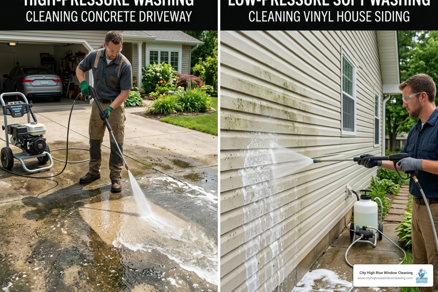 Diagram comparing high-pressure washing on concrete and low-pressure soft washing on vinyl siding Diagram comparing high-pressure washing on concrete and low-pressure soft washing on vinyl siding