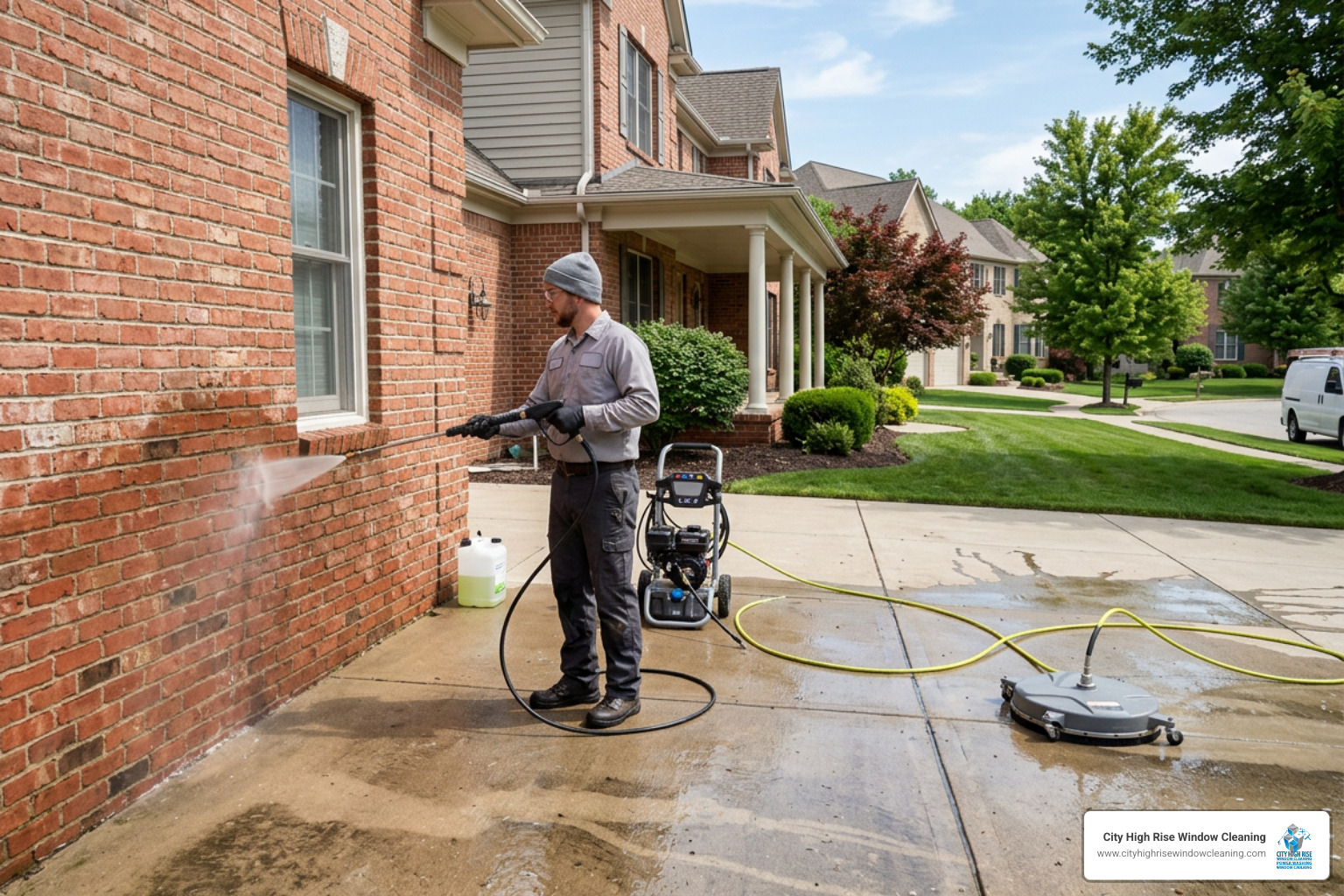 Technician washing a brick wall with low pressure next to a concrete driveway cleaned with a surface cleaner Technician washing a brick wall with low pressure next to a concrete driveway cleaned with a surface cleaner