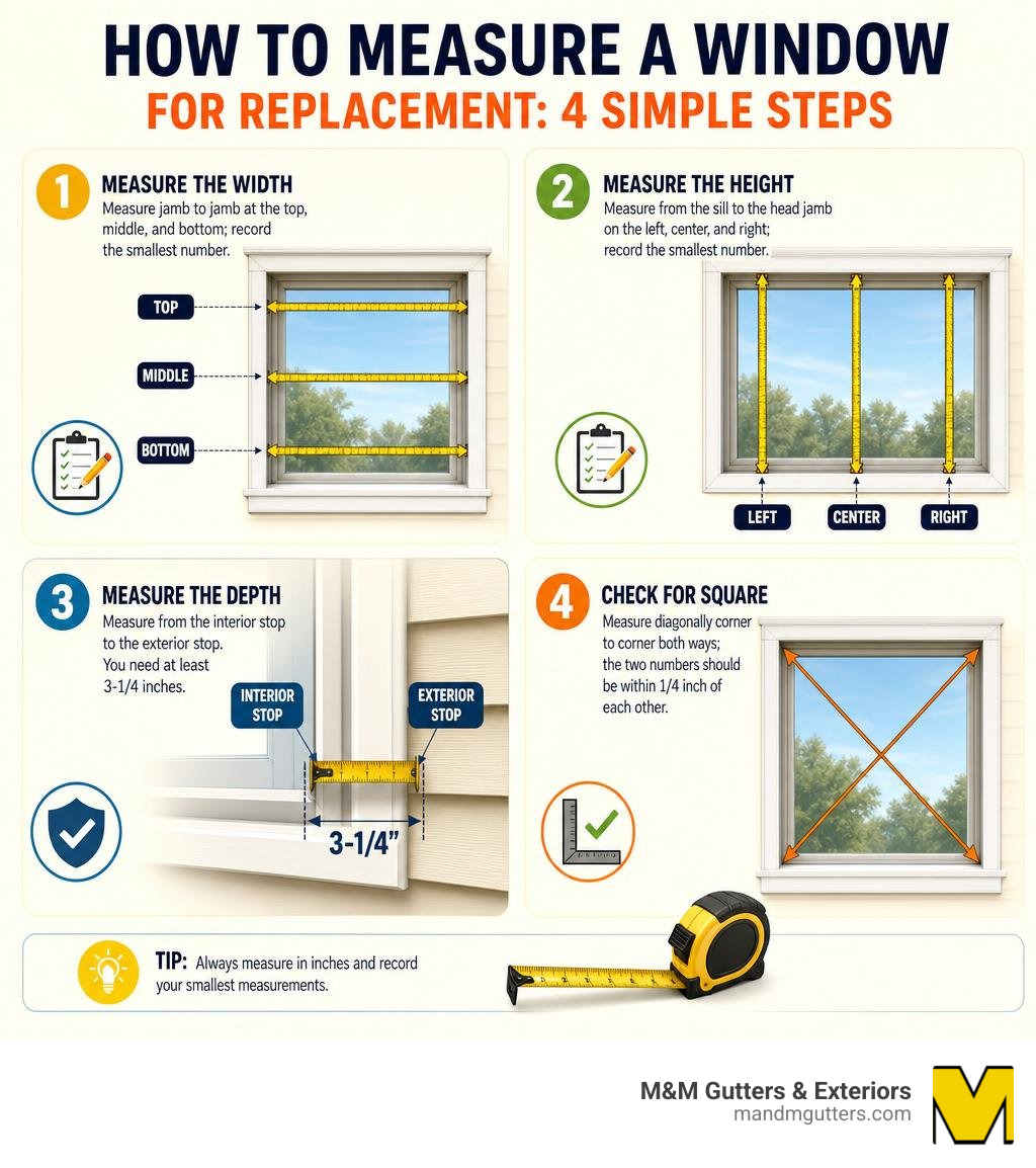 Step-by-step infographic showing how to measure window width, height, depth, and check for square infographic