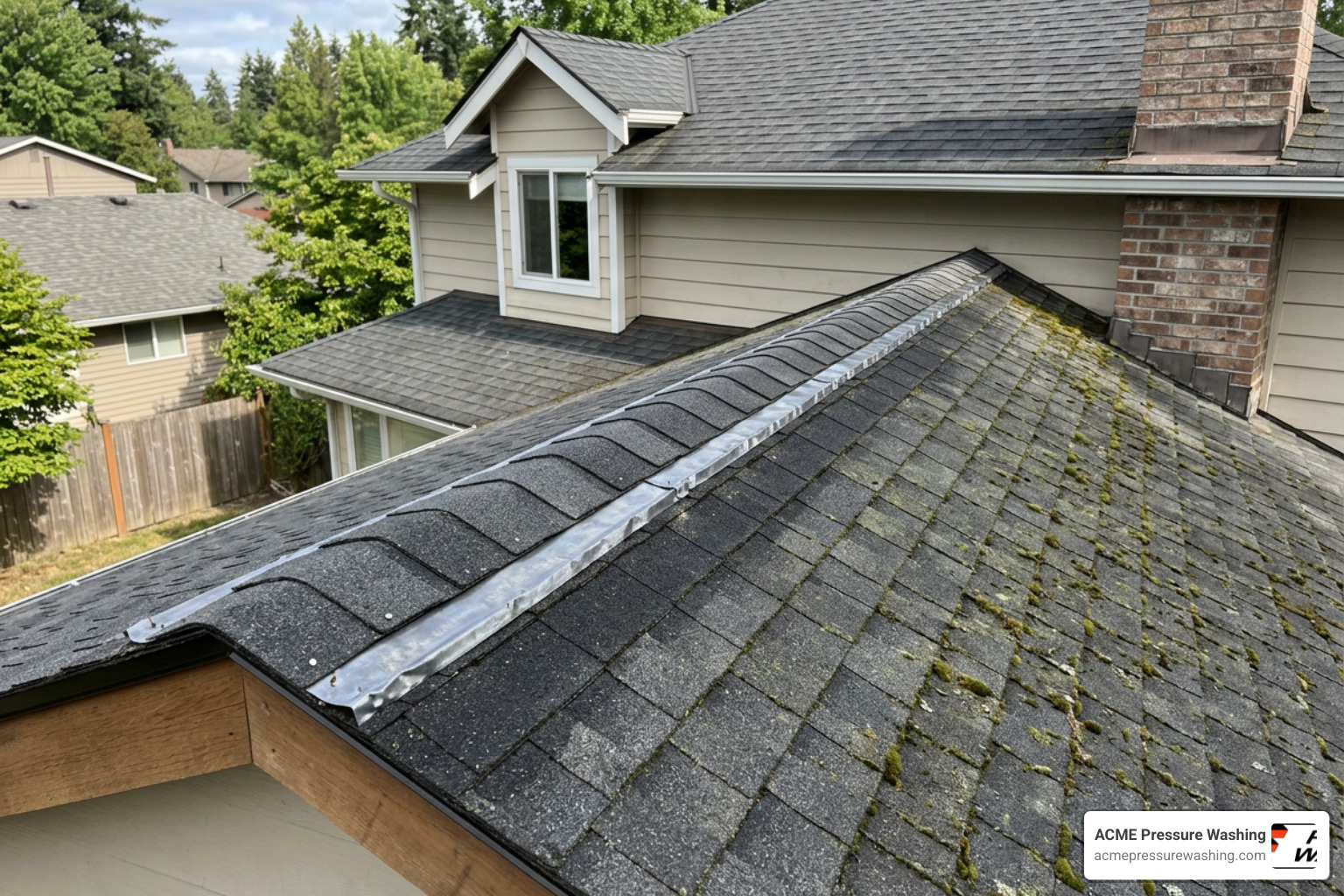 zinc strips installed on a roof ridge to prevent moss regrowth zinc strips installed on a roof ridge to prevent moss regrowth