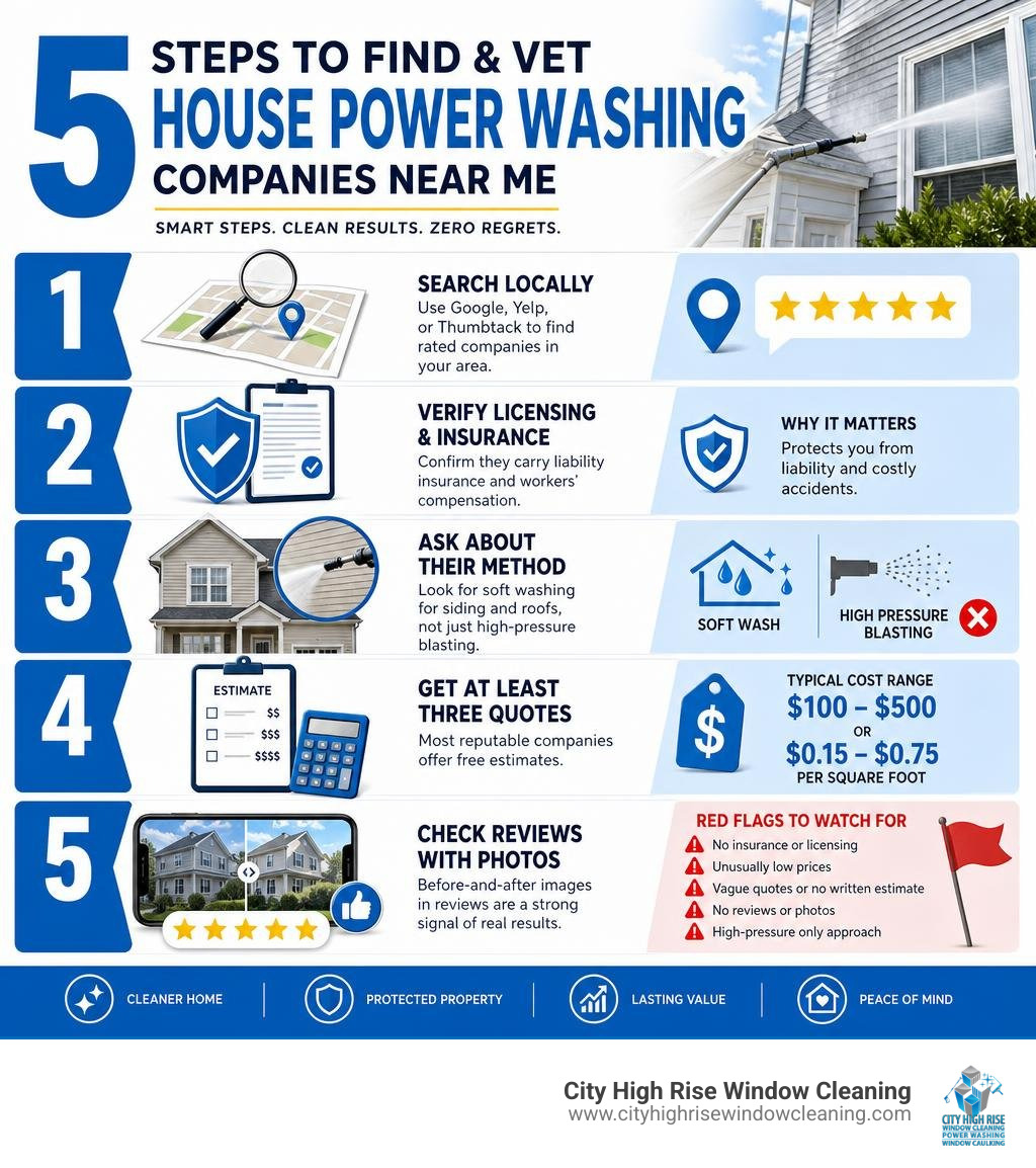 Infographic showing 5 steps to find and vet house power washing companies near me with cost ranges and red flags infographic Infographic showing 5 steps to find and vet house power washing companies near me with cost ranges and red flags infographic