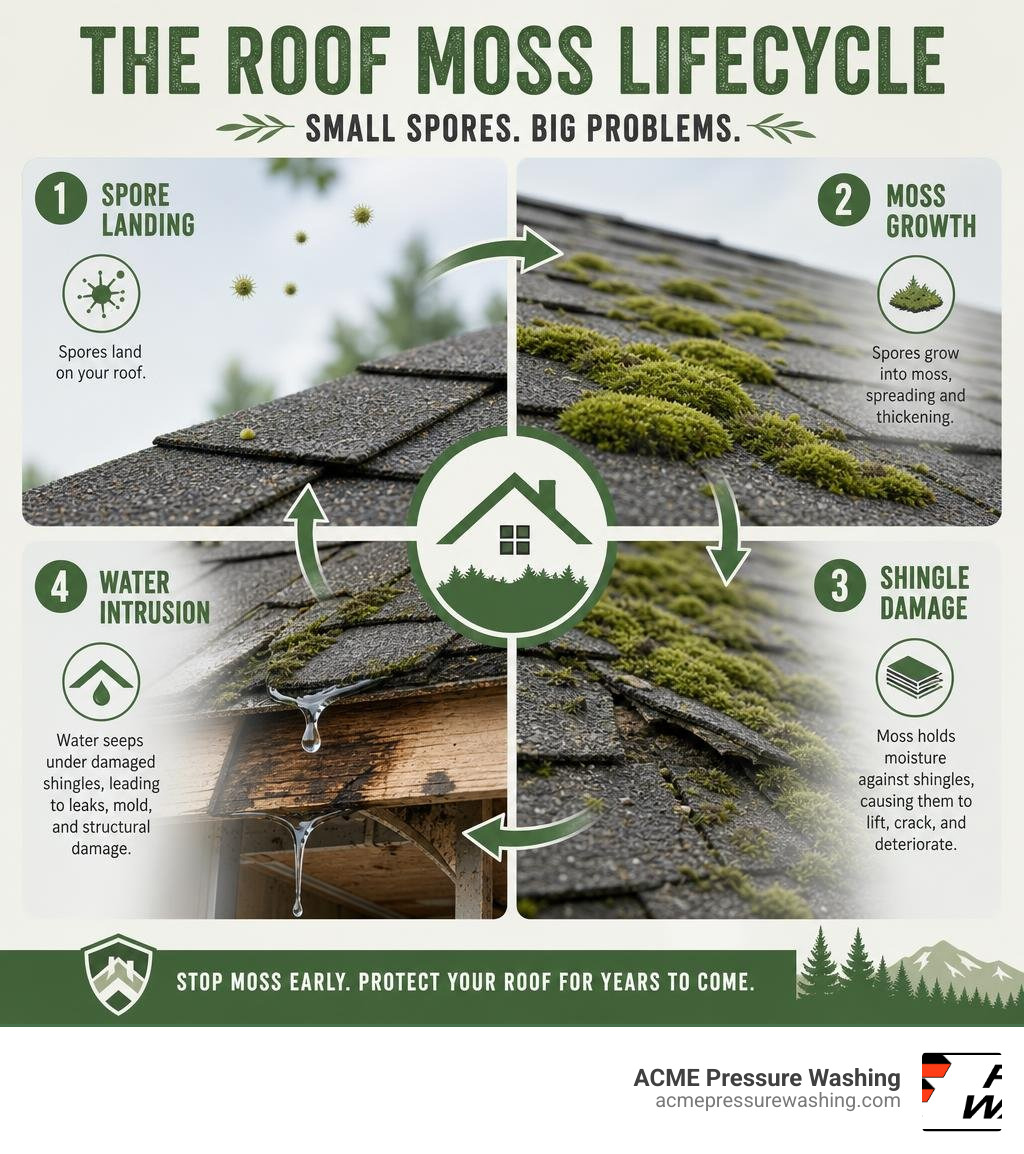 Roof moss lifecycle infographic showing spore landing, growth stages, shingle damage, and water intrusion infographic Roof moss lifecycle infographic showing spore landing, growth stages, shingle damage, and water intrusion infographic