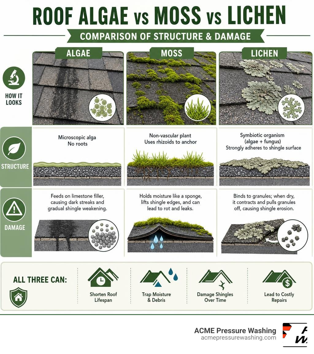Comparison diagram of roof algae, moss, and lichen showing structural differences and damage types infographic Comparison diagram of roof algae, moss, and lichen showing structural differences and damage types infographic