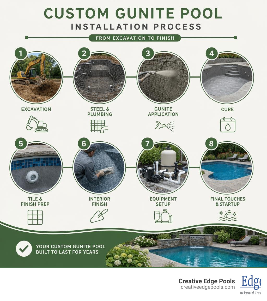 Custom gunite pool installation process steps from excavation to finish infographic infographic