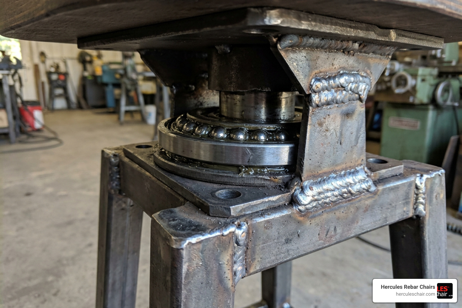 heavy-duty steel swivel mechanism showing ball bearings and MIG welded joints