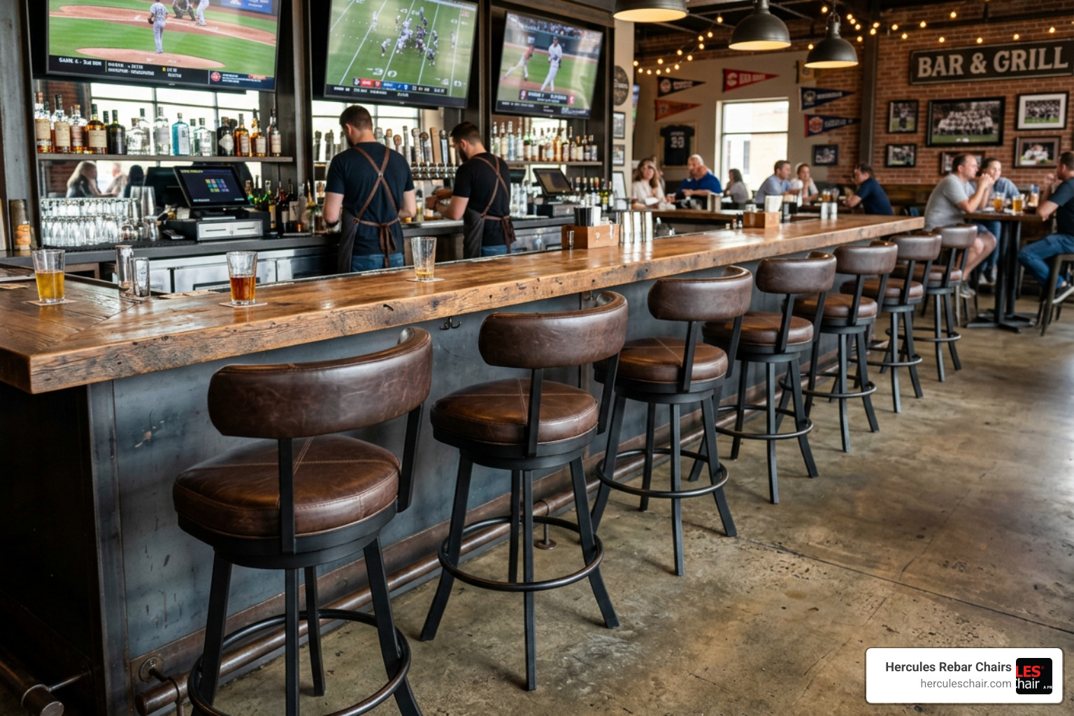 properly spaced heavy duty swivel bar stools at a modern commercial counter