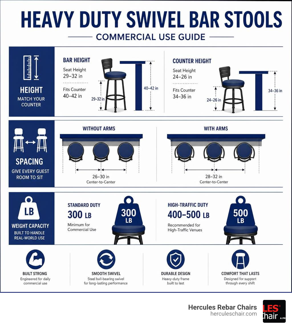 Infographic comparing bar stool height, counter height, spacing, and weight capacity for commercial use infographic