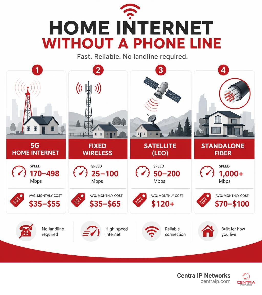 Infographic showing wireless home internet options: 5G, fixed wireless, satellite, and standalone fiber with speeds and Infographic showing wireless home internet options: 5G, fixed wireless, satellite, and standalone fiber with speeds and