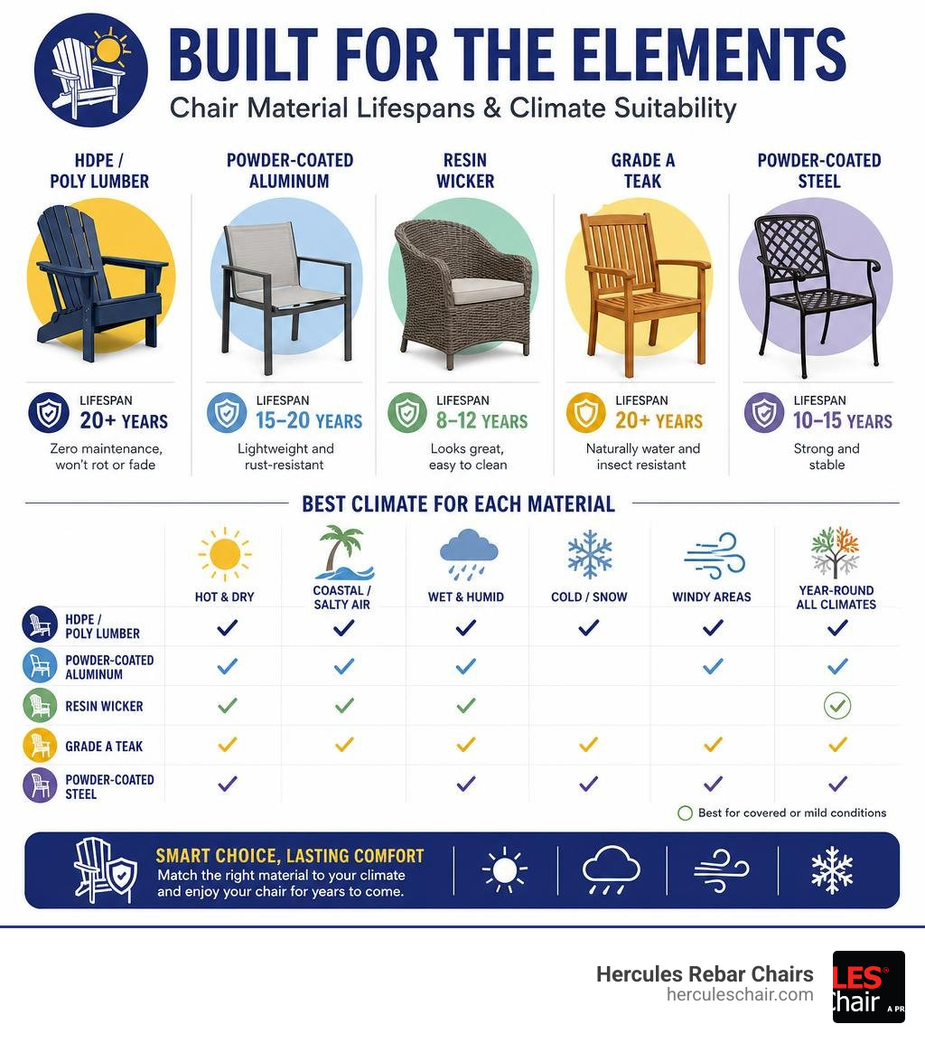 Infographic showing weather-resistant chair material lifespans and climate suitability infographic Infographic showing weather-resistant chair material lifespans and climate suitability infographic