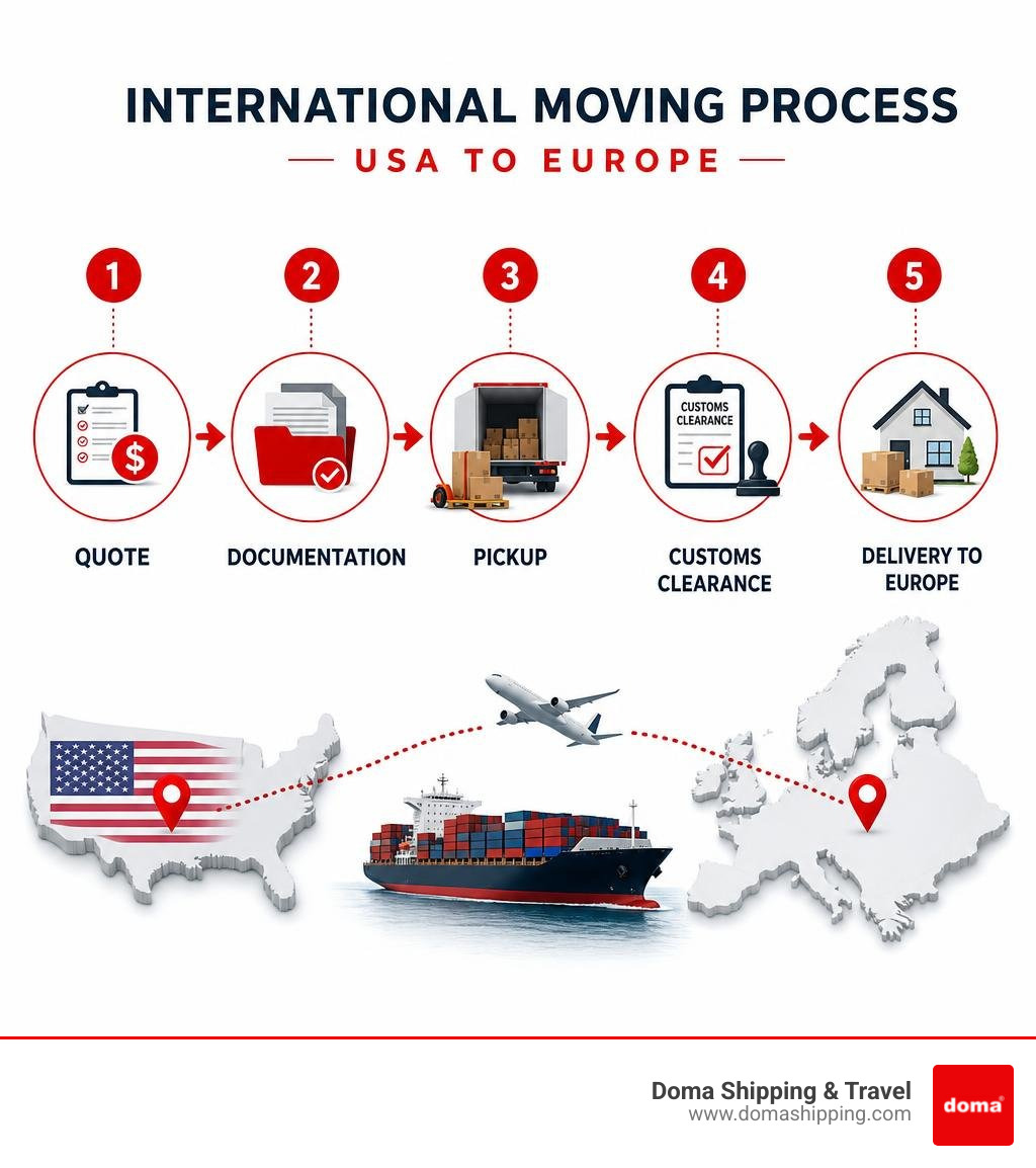 Infographic showing CDT international moving process: quote, documentation, pickup, customs clearance, delivery to Europe