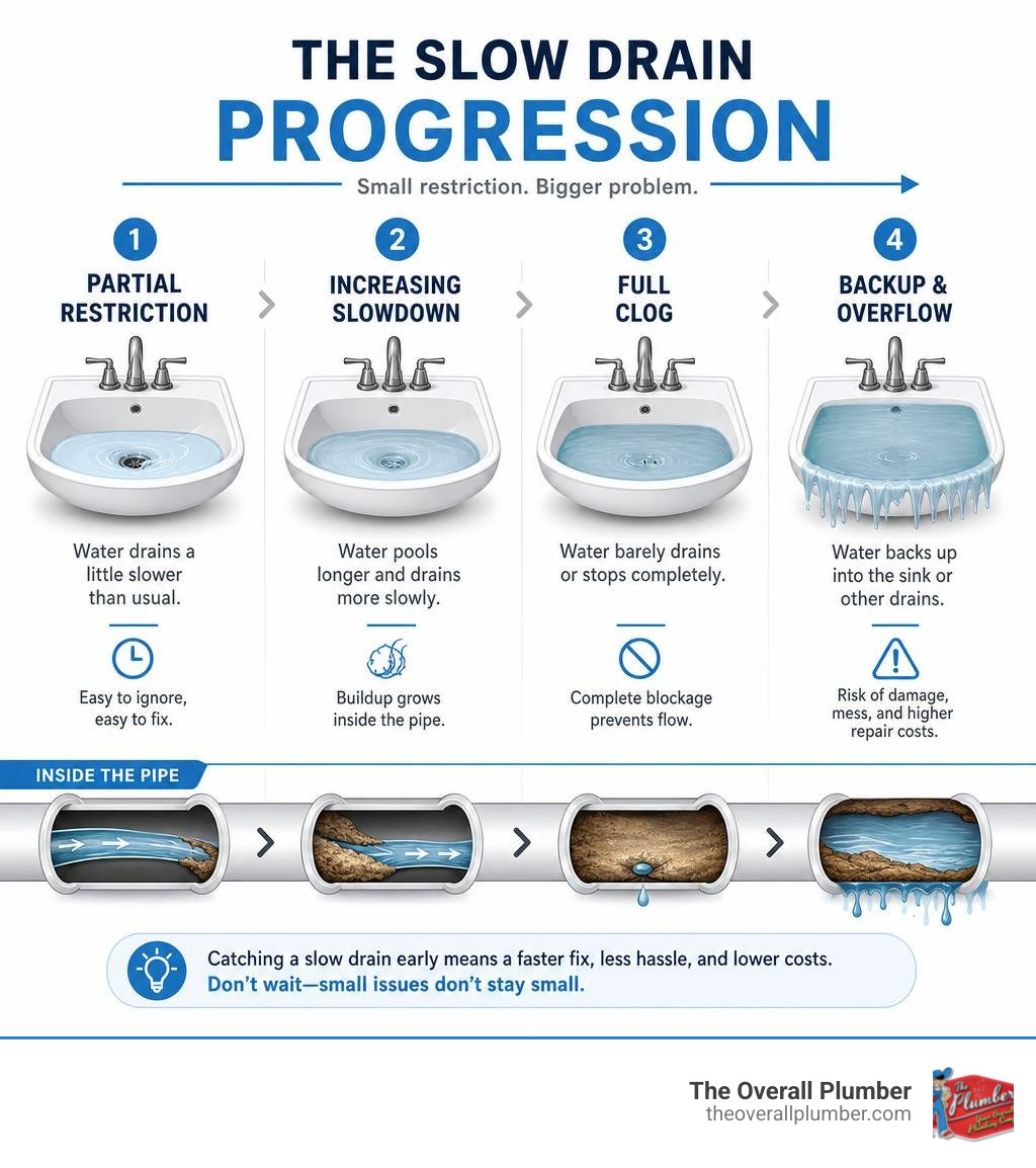 Infographic showing slow drain progression from partial restriction to full clog and backup infographic Infographic showing slow drain progression from partial restriction to full clog and backup infographic