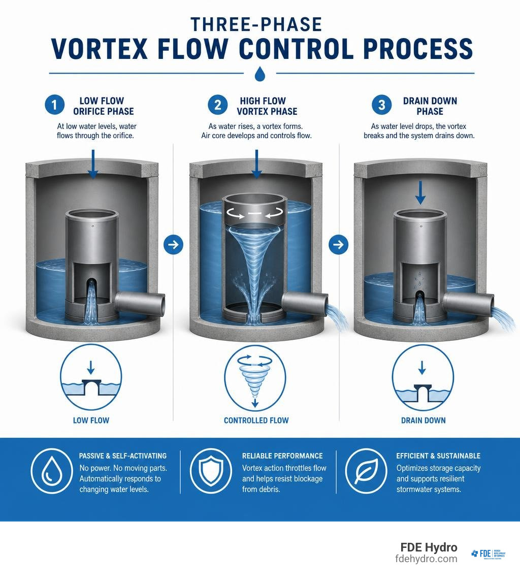 Three-phase vortex flow control process: low flow orifice, high flow vortex, drain down phases infographic Three-phase vortex flow control process: low flow orifice, high flow vortex, drain down phases infographic