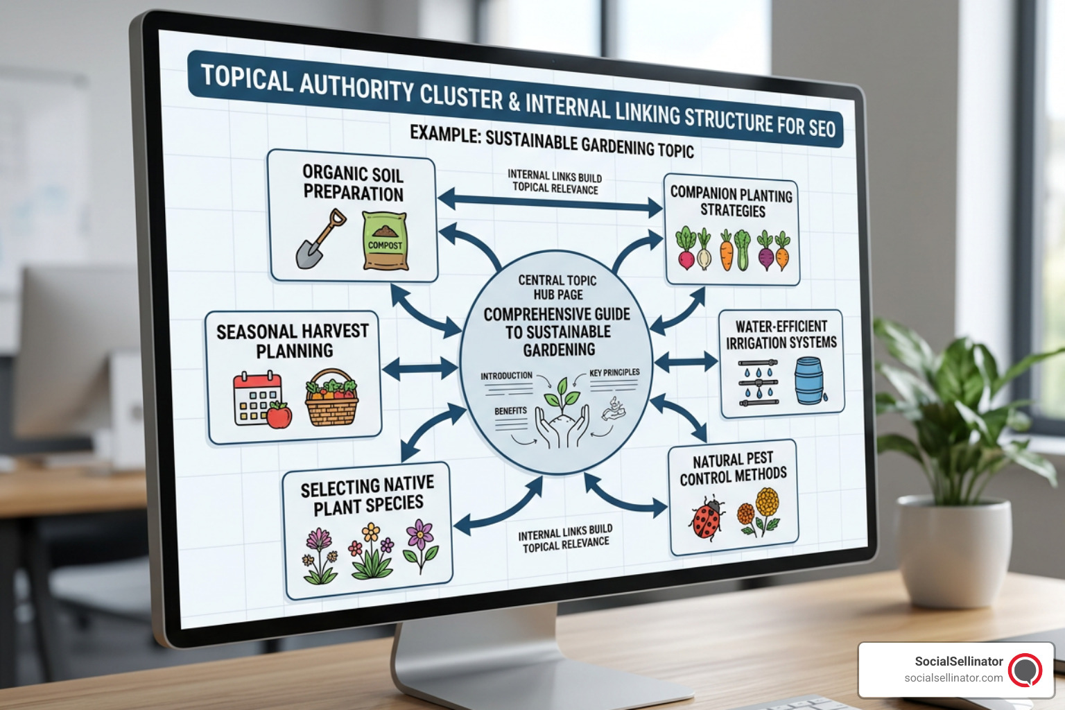 Visual representation of a topical authority cluster and internal linking structure for SEO. Visual representation of a topical authority cluster and internal linking structure for SEO.