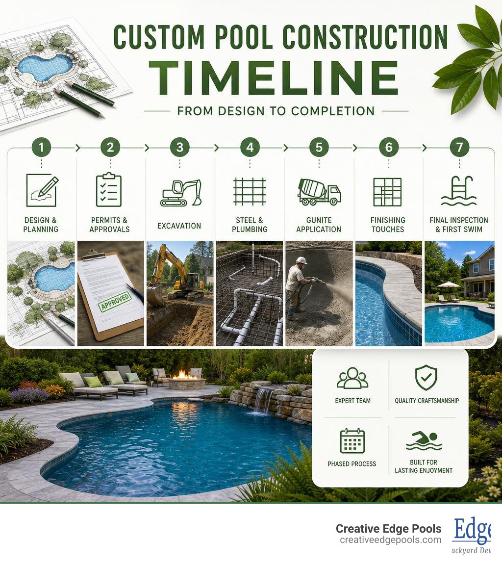 Custom pool construction timeline infographic from design to completion infographic Custom pool construction timeline infographic from design to completion infographic