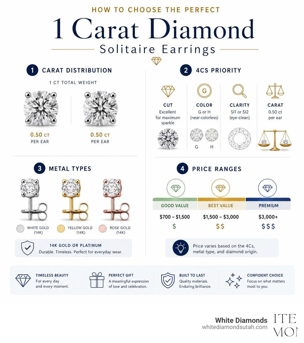 Infographic showing key factors for choosing 1 carat diamond solitaire earrings: carat distribution, 4Cs priority, metal Infographic showing key factors for choosing 1 carat diamond solitaire earrings: carat distribution, 4Cs priority, metal
