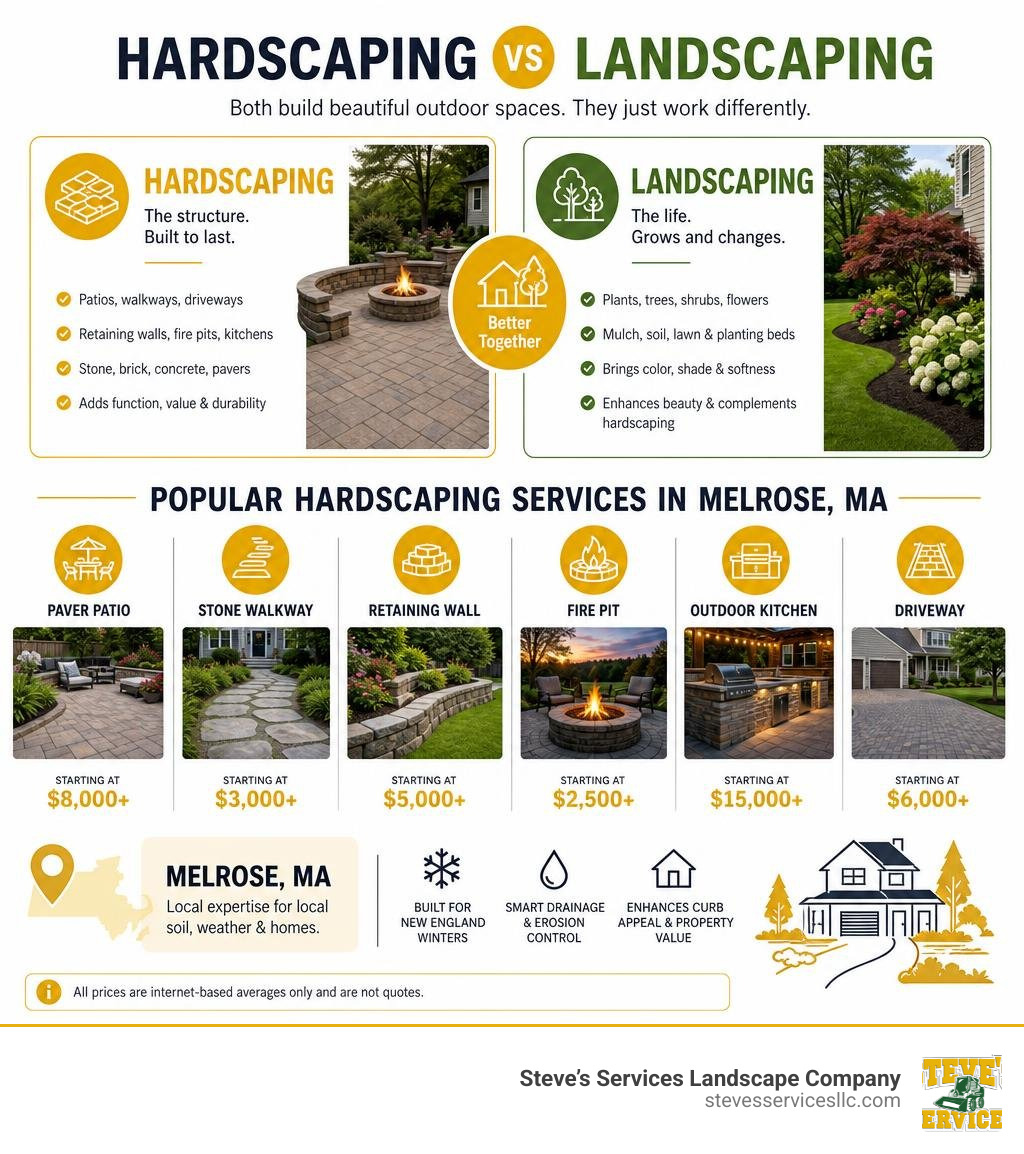 Infographic showing hardscaping vs landscaping, popular services, and starting costs in Melrose MA infographic