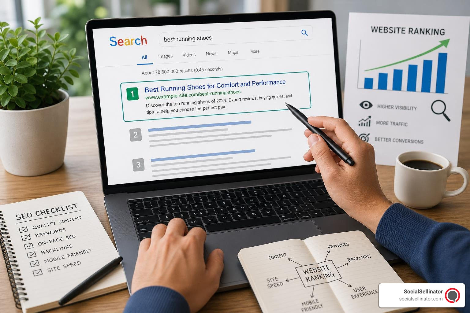 Google Search Console performance dashboard showing keyword positions and organic clicks. Google Search Console performance dashboard showing keyword positions and organic clicks.