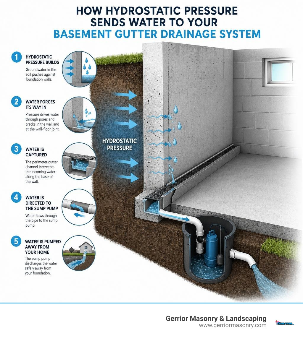 Infographic showing how hydrostatic pressure forces water through foundation walls into a basement gutter drainage system
