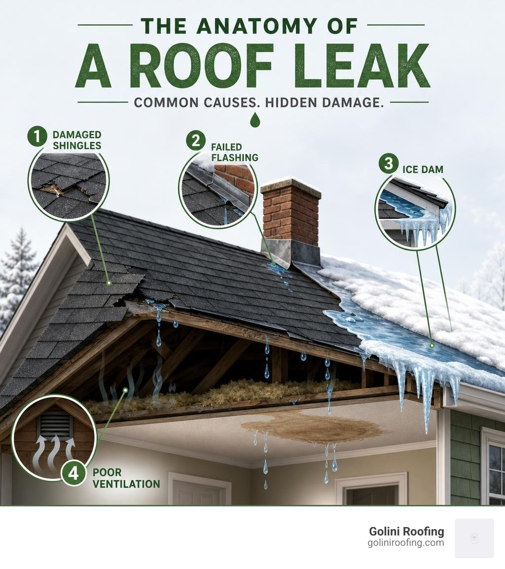 Infographic showing anatomy of a roof leak: damaged shingles, failed flashing, ice dam, poor ventilation infographic Infographic showing anatomy of a roof leak: damaged shingles, failed flashing, ice dam, poor ventilation infographic