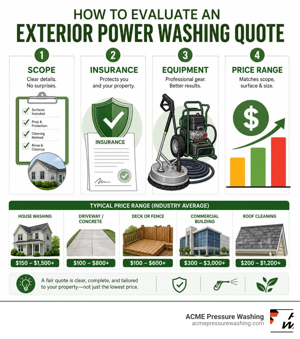 Infographic: How to evaluate an exterior power washing quote - scope, insurance, equipment, and price range infographic