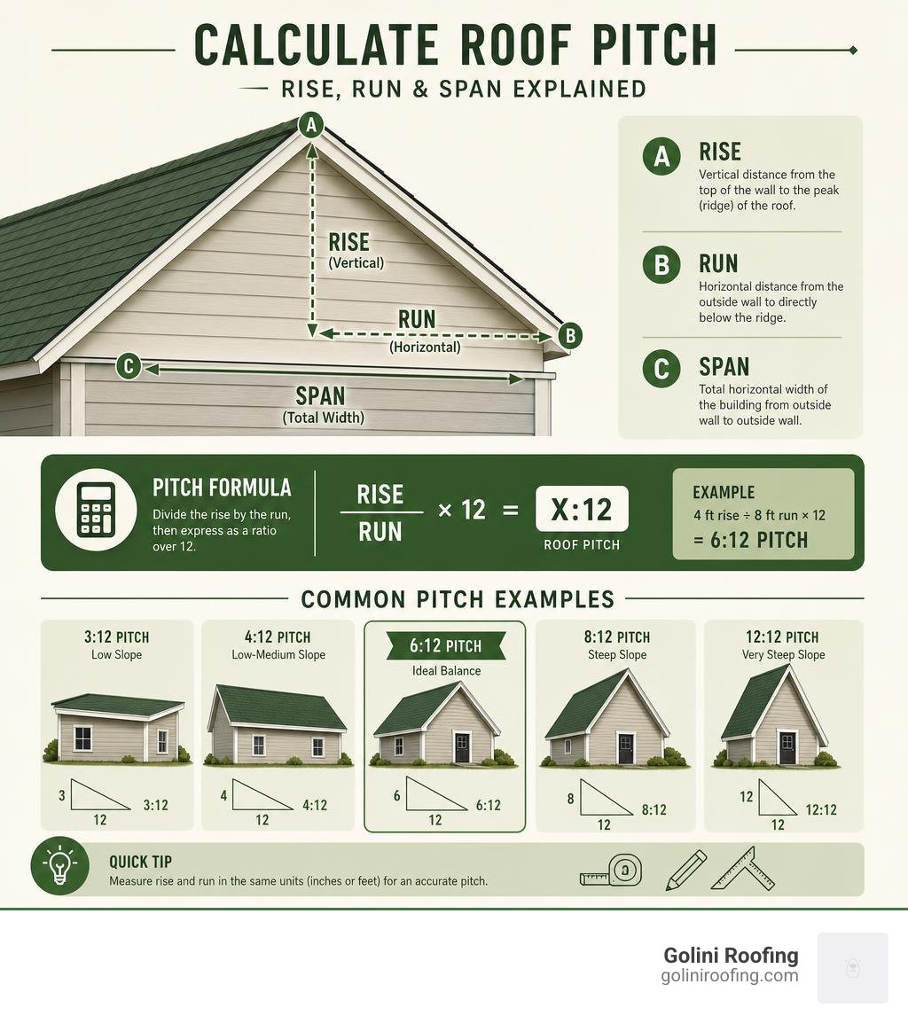 Infographic showing rise, run, and span of a roof with pitch ratio formula and common pitch examples infographic Infographic showing rise, run, and span of a roof with pitch ratio formula and common pitch examples infographic