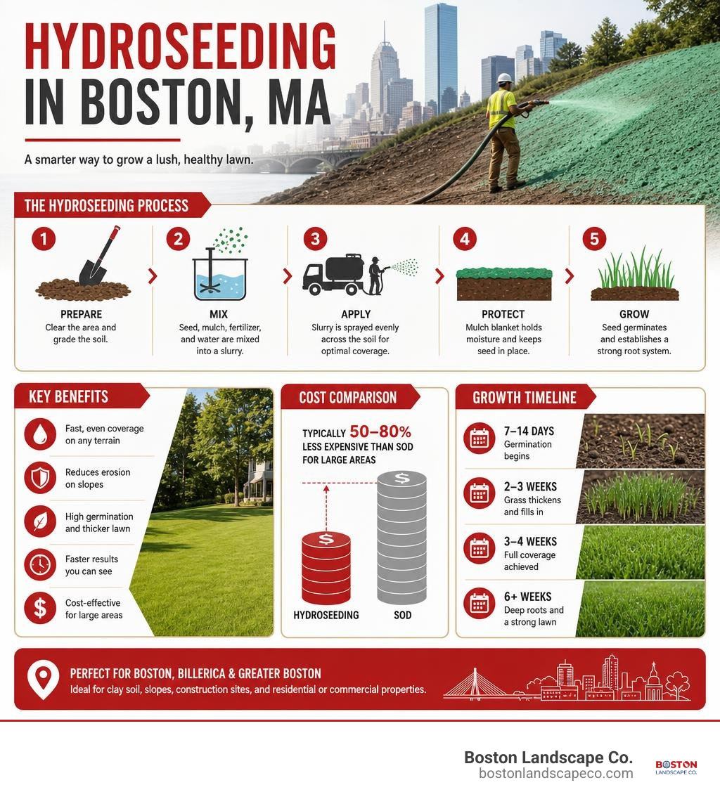 Infographic showing the hydroseeding process steps, benefits, costs, and growth timeline in Boston MA infographic