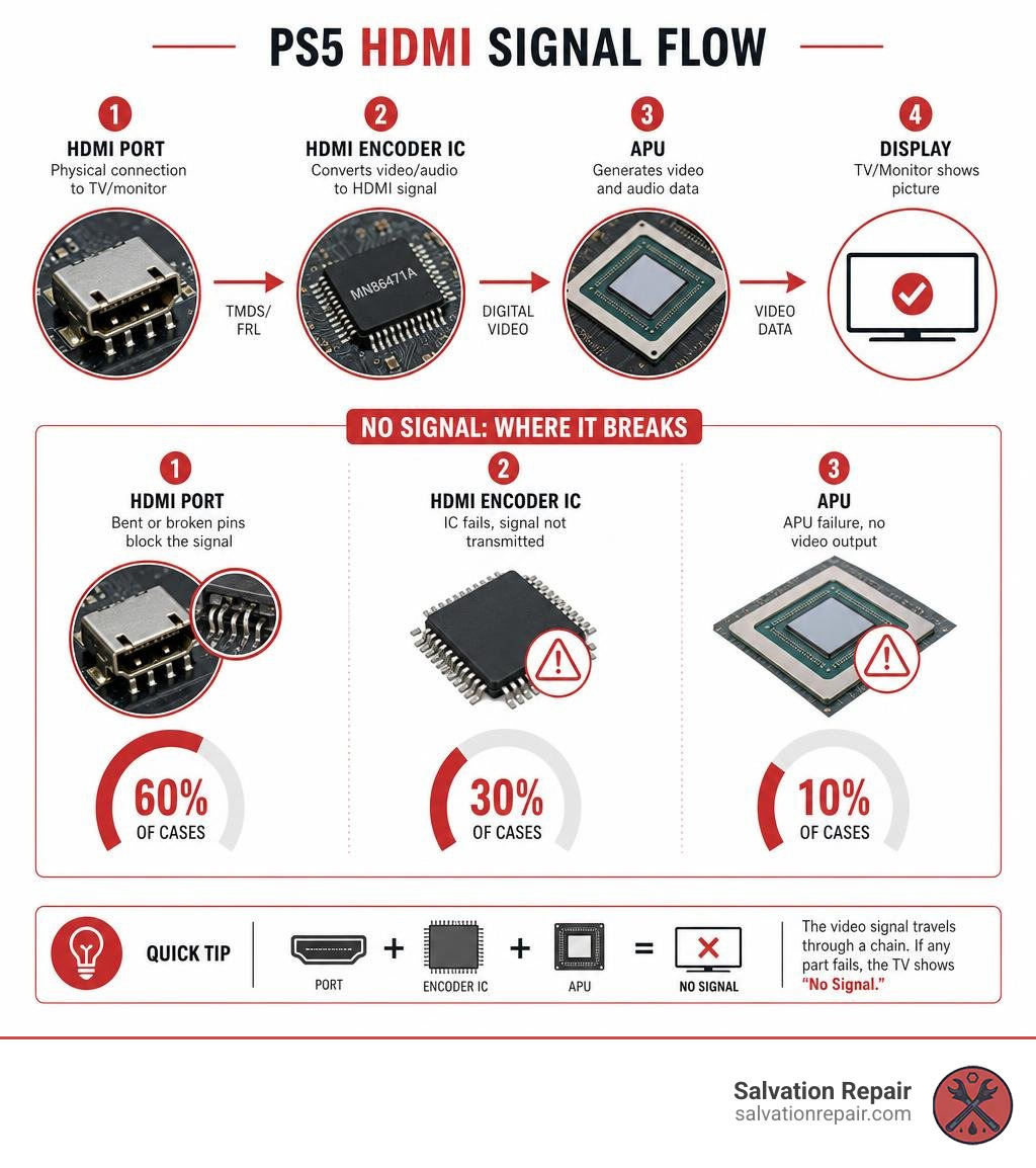 PS5 HDMI port repair signal flow infographic showing port, encoder chip, APU, and no signal causes infographic PS5 HDMI port repair signal flow infographic showing port, encoder chip, APU, and no signal causes infographic