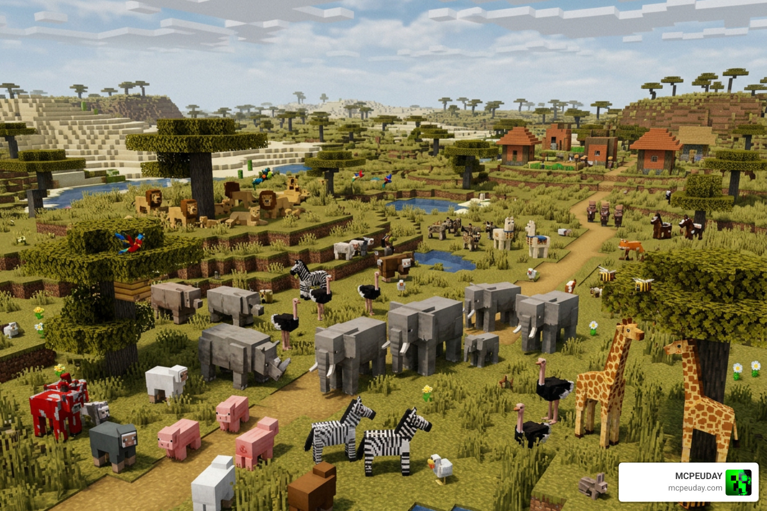 A wide variety of detailed animal mobs roaming the savanna biome A wide variety of detailed animal mobs roaming the savanna biome