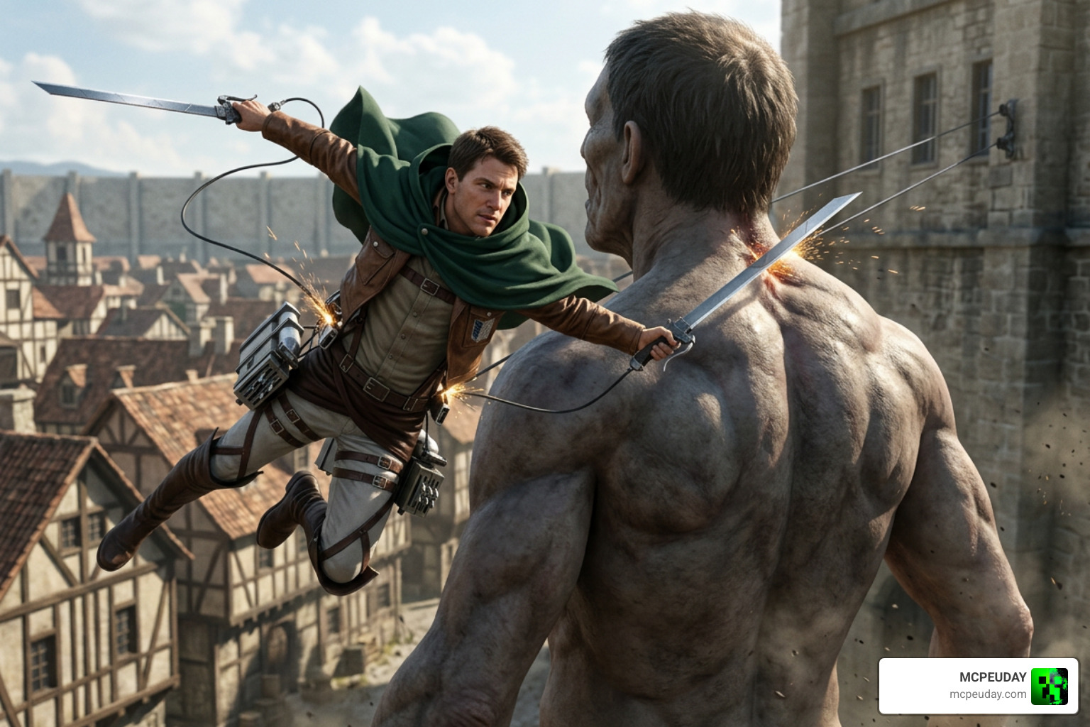 Player soaring through the air using ODM gear to strike a titan's nape Player soaring through the air using ODM gear to strike a titan's nape