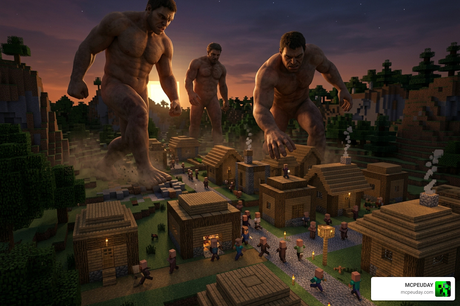 Titans roaming a Minecraft village ready to attack Titans roaming a Minecraft village ready to attack