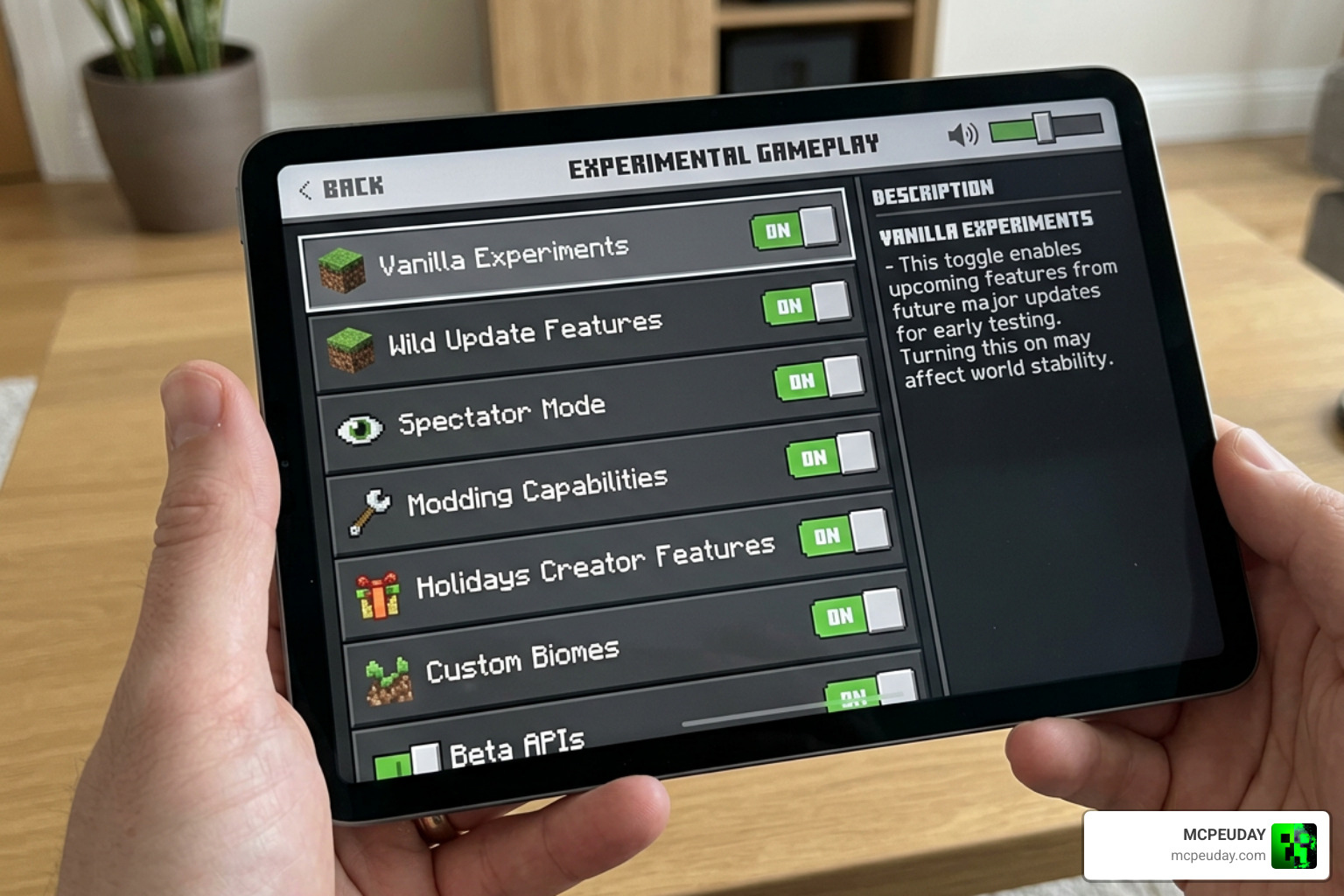 Minecraft experimental settings screen with experimental gameplay toggles