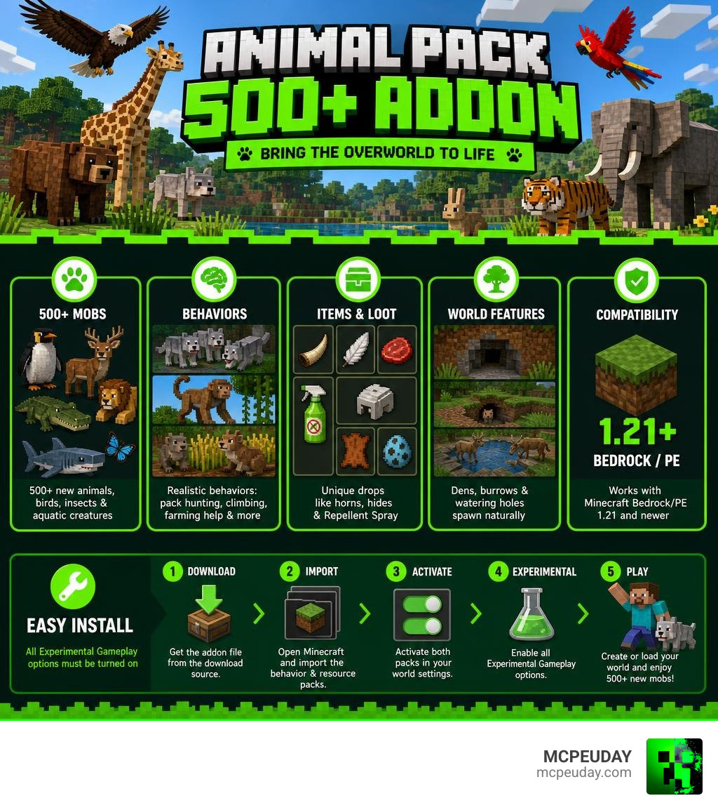 Infographic showing Animal Pack 500+ Addon features: 500+ mobs, behaviors, items, compatibility, and install steps Infographic showing Animal Pack 500+ Addon features: 500+ mobs, behaviors, items, compatibility, and install steps
